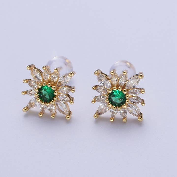 Emerald Green Sun Flower Round Marquise Cubic Zirconia Gold Stud Earrings | AD-587 for wholesale by Aim Eternal