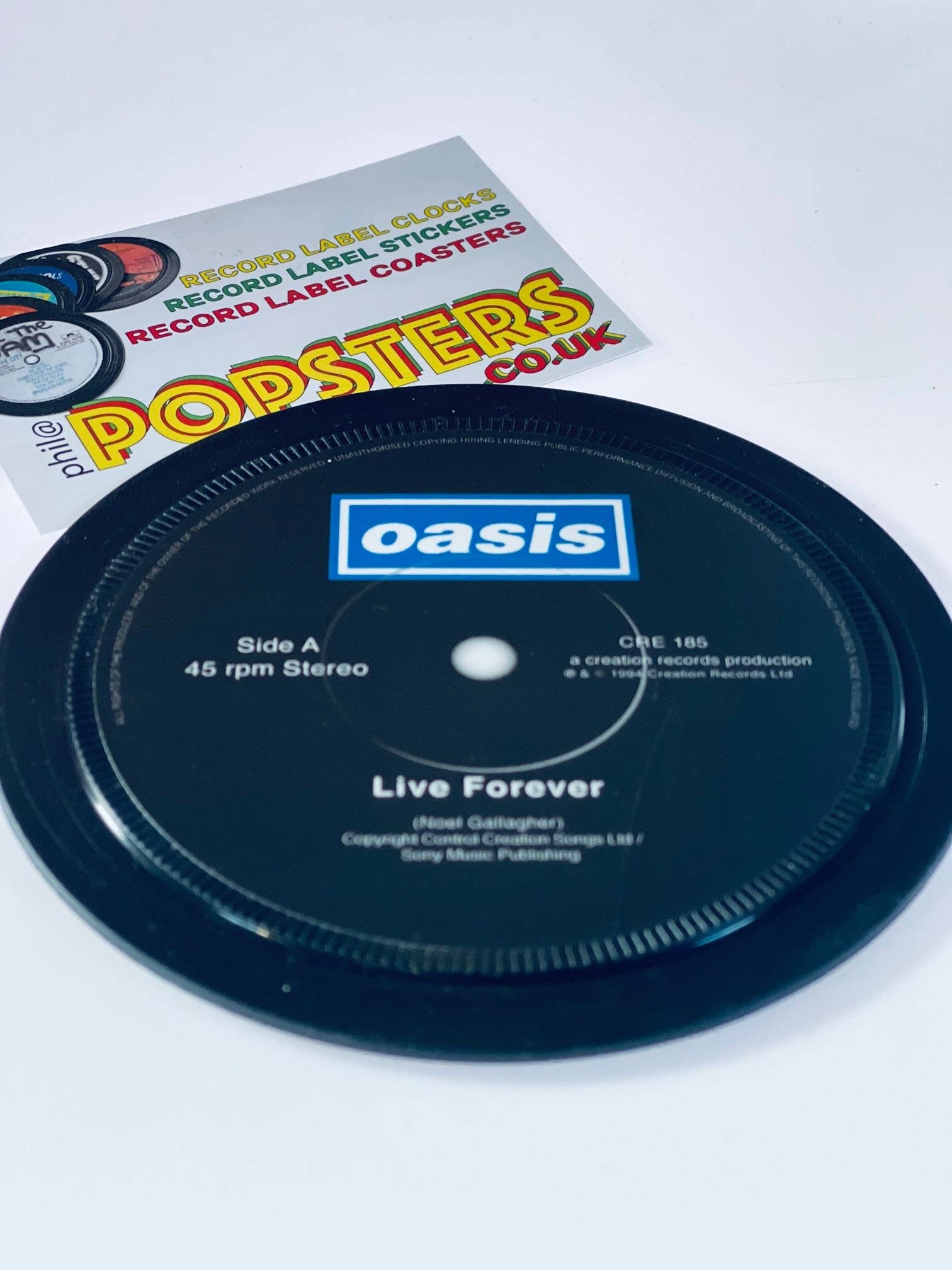 Popsters - Wholesale Coasters - Live Forever. Oasis. Record Label Coaster. Popsters.