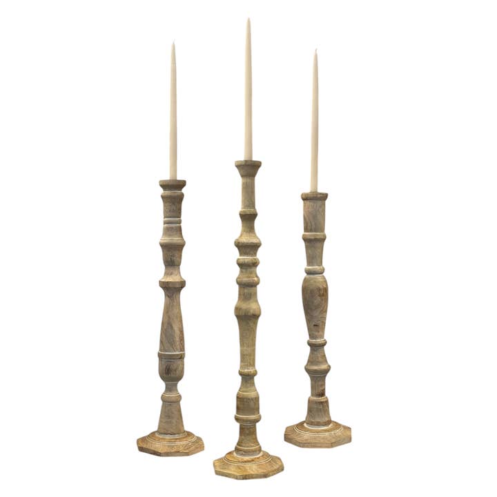 Wilco Home - Wholesale Candle Holder - Handmade Mango Wood "Emilt" Taper Candlestick Set of 3 6
