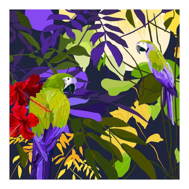 Rosie Reiter - Wholesale Art Print - Art Print ‘Parrots Amid Hibiscus’ 30 x 30 cm1
