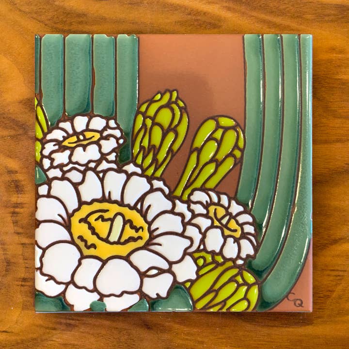 Carly Quinn Designs - Wholesale Wall Accent - Saguaro Cactus Bloom Hand Glazed Art Tile Trivet