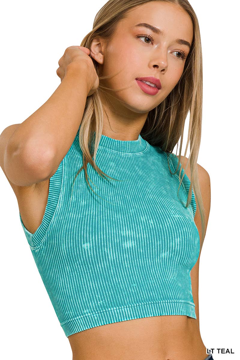 42POPS - Wholesale Tank Top - Women's - `.Washed Ribbed Seamless High neck Crop Tank11