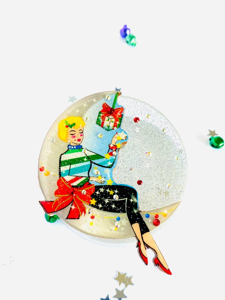 Moon girl Christmas brooch,Christmas jewellery,retro brooches, unusual pins for wholesale by Rosie Rose Parker