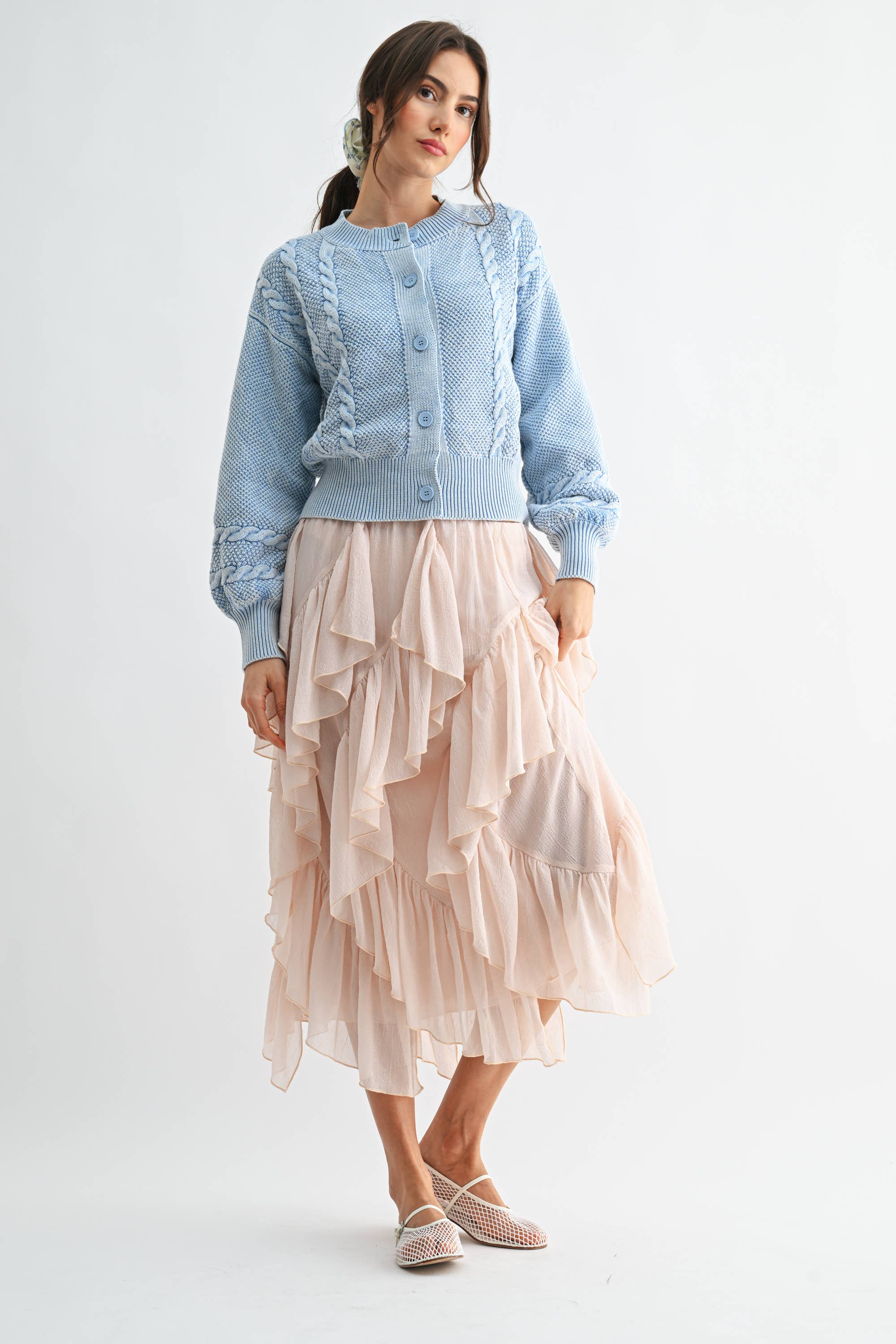 Camellia - Wholesale Cardigan - Women's - CW10019E WASHED BLENDED BROWN CABLE KNIT CARDIGAN15