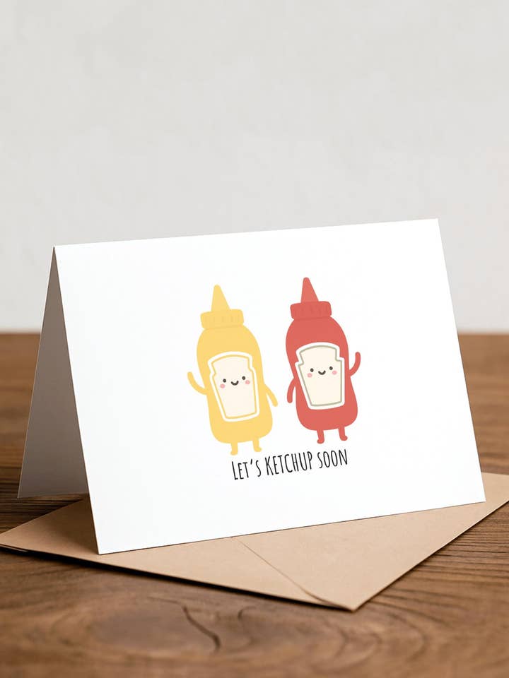 Ketchup-Wortspiel handgefertigte Grußkarte: Freundschaftskarte für den Großhandel von Chewy Lemon Studio