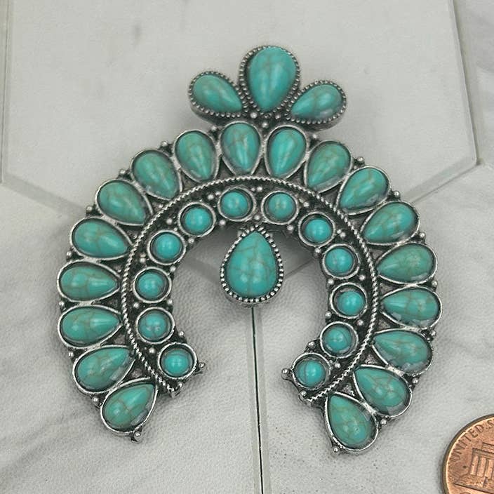BPD250530-01-AZUL Metal plateado con piedra turquesa azul, pasador para pañuelo estilo squash blossom para venta al por mayor de Western Elite Jewelry