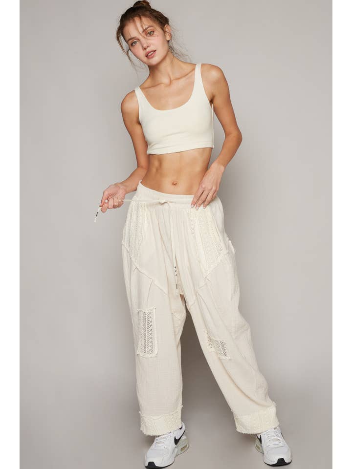 Pol Clothing - Wholesale Pants - Women's - Double gauze wasit band strechable lace trim harem pants