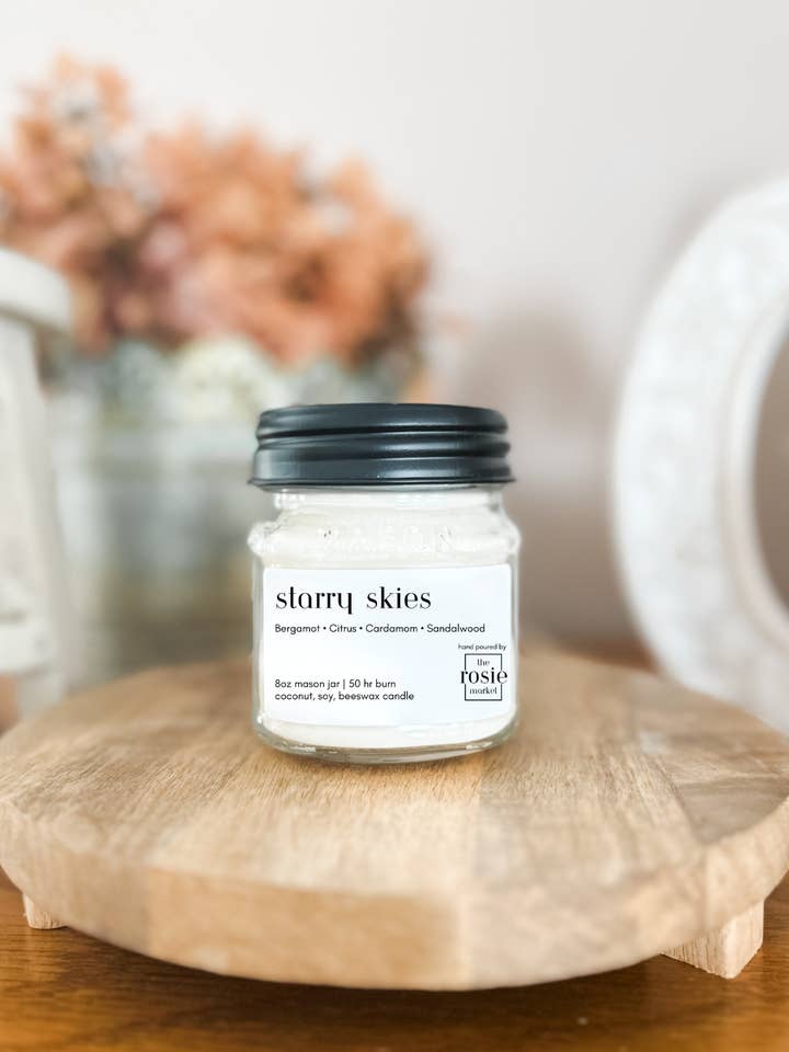Starry Skies 8oz Mason Jar Candle for wholesale by The Rosie Market