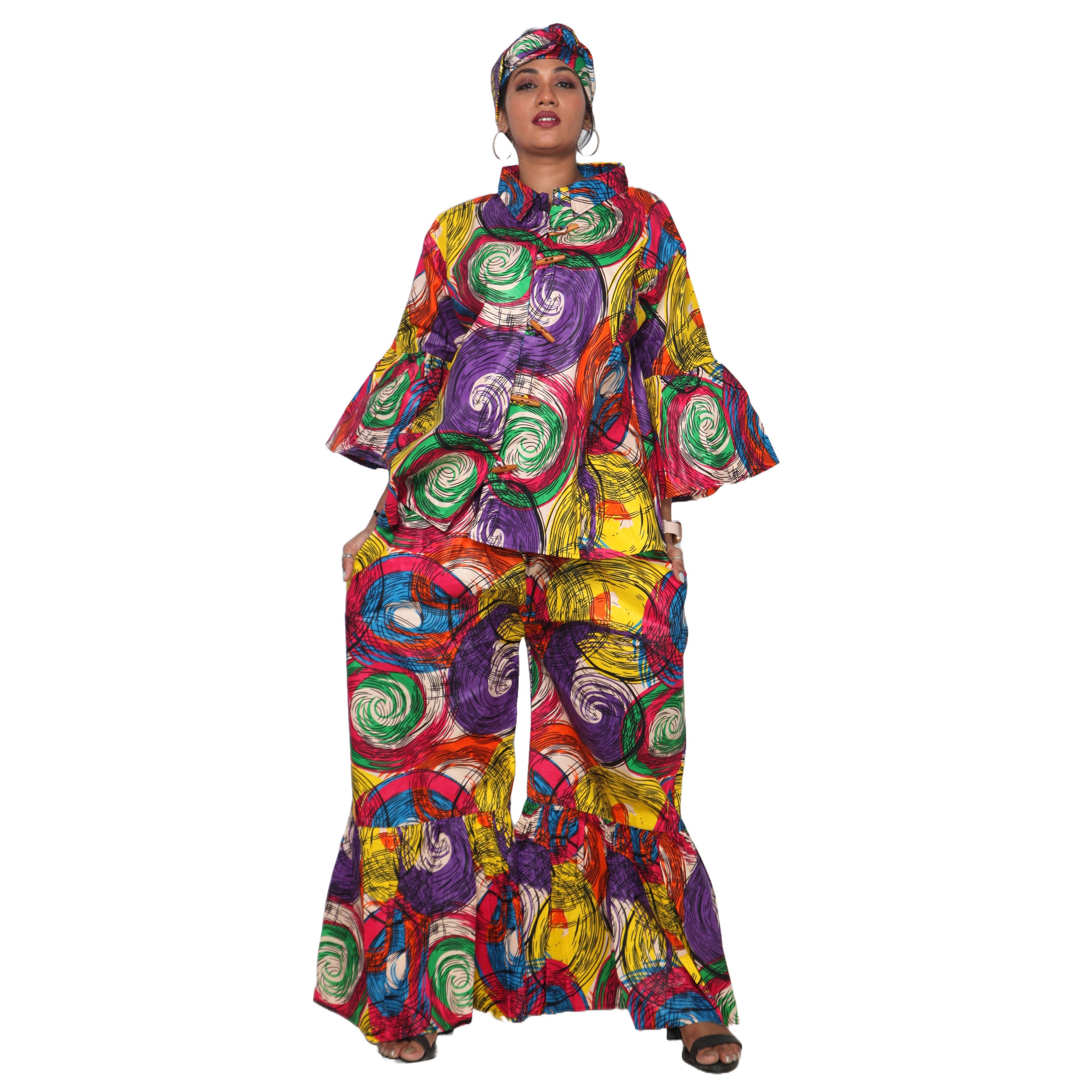 African Stars - Vente Ensemble haut et pantalon (PAS d'intérieur) - Femme - Ensemble Chemisier Femme et Pantalon Palazzo -- Imprimé FI-405030