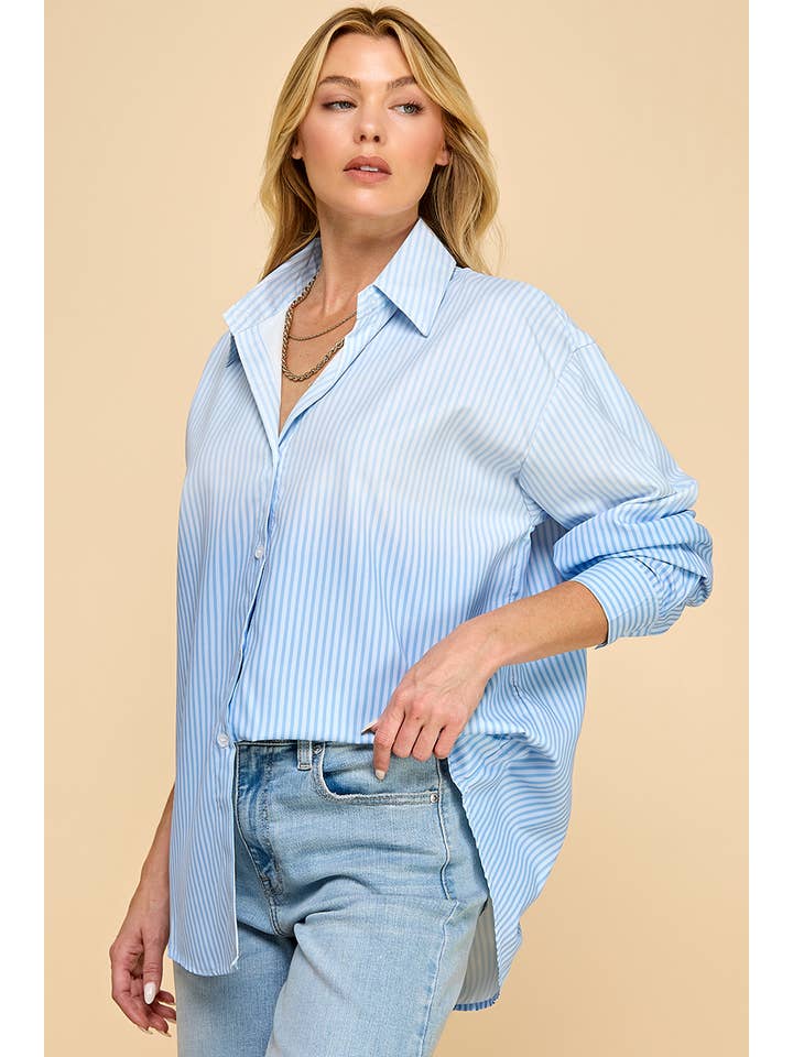 Classic Blue Stripe Oversized Button-Up Shirt for wholesale on Faire6