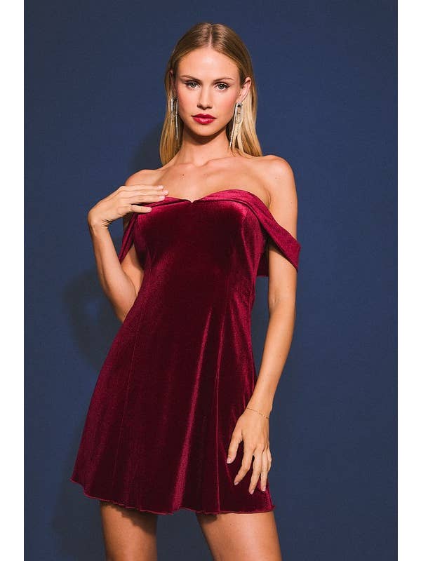 Burgundy Strapless Off Shoulder Velvet Mini Dress for wholesale on Faire