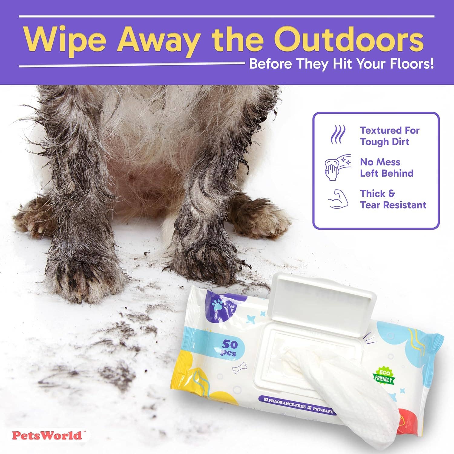 PetsWorld Inc - Wholesale Pet Grooming Aid - Dog - PetsWorld Unscented Pet Wipes – 50 Wipes, 1 Pack3
