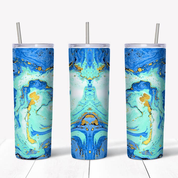 Blå og guld marmor 20 oz lige tumbler overførsel for engroshandel hos Rustic Pineapple