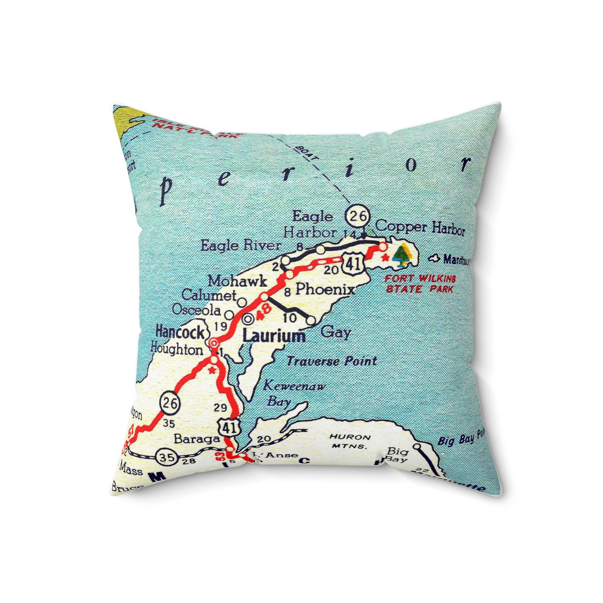 Daisy Mae Designs - Wholesale Throw/Decorative Pillow - Keweenaw Michigan Map Pillow – 18" Square Throw Pillow