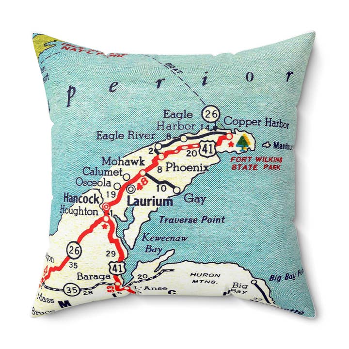 Daisy Mae Designs - Wholesale Throw/Decorative Pillow - Keweenaw Michigan Map Pillow – 18" Square Throw Pillow