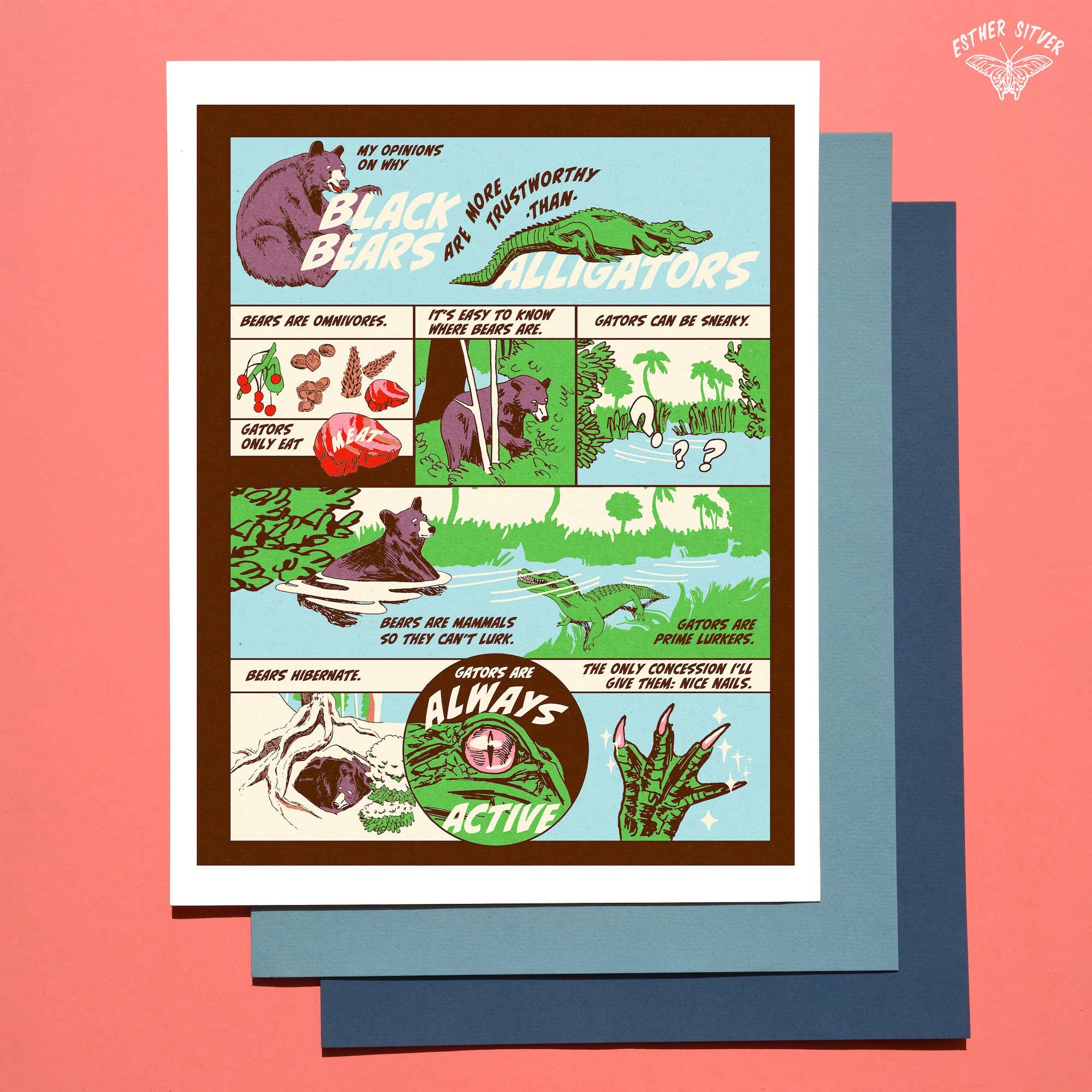 Esther Sketch - Wholesale Art Print - Gator vs Bear Animal Comic Print 8.5"x11"4