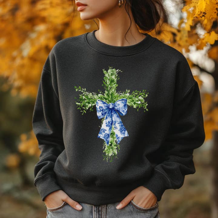 Chinoiserie Bow Shirt, Blue Grandmillennial Floral Sweater for wholesale by NVC Ecommerce LLC