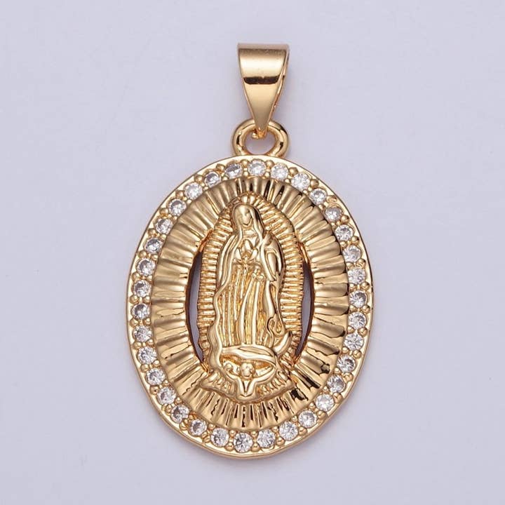 Dainty Micro Pave Cubic Zirconia Mother Virgin Mary Pendant, Gold Religious Pendant For Jewelry Makin H-695 for wholesale by Aim Eternal