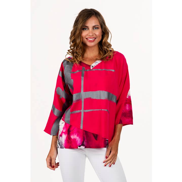 Haut à col en V imprimé à la main avec manches dolman pour la vente par Lemon Grass