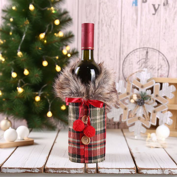 MKS America - Wholesale Christmas Decoration - Christmas Decorative Fur-Collar Plaid Wine Bottle Cover4