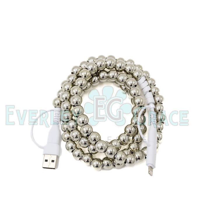 4-IN-1 POLISHED SILVER PEARLS BEADED CHARGING CABLE for wholesale by Everley Grace - Wholesale