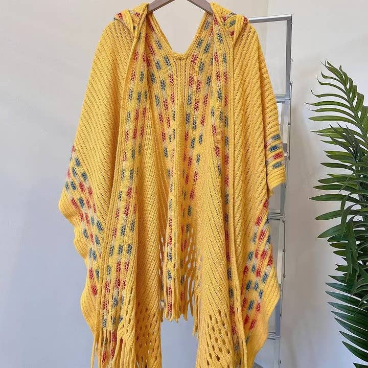 Rosa Clothing - Wholesale Cape - Women's - Bohemia Ethnic knit hooded Ruana Cape3