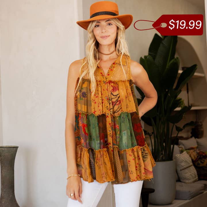 Young Threads - Wholesale Button Down Shirt - Women's - Boho Chic Nomad Patchwork Buttondown Top Sleevel (New Color)49