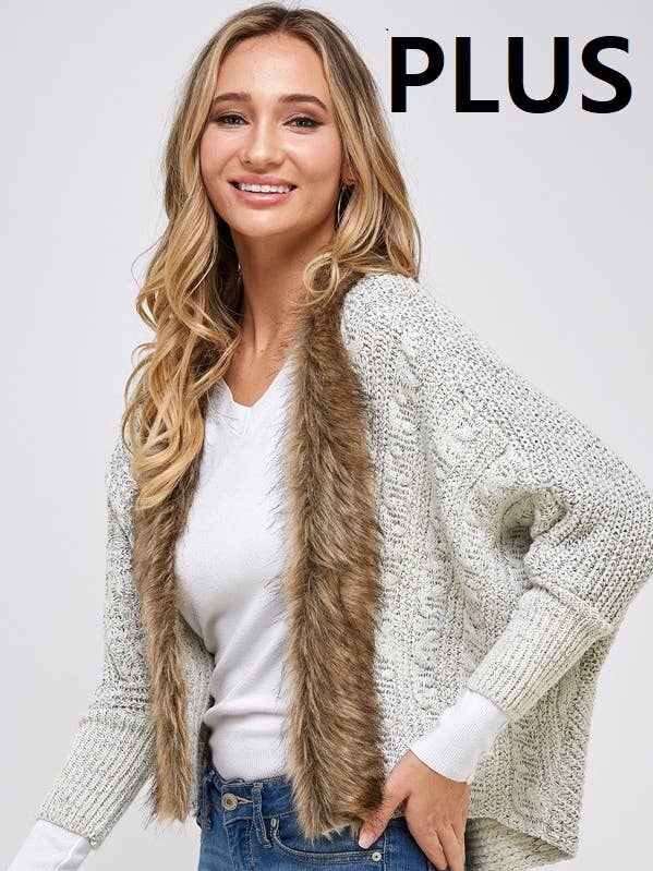 LT Grey PLUS Dolman sleeve cardigan with fur detail for wholesale on Faire