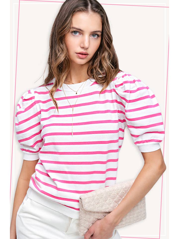 La Miel - Wholesale Knit Top - Women's - JCS3562-Lightweight Puff Short Sleeve Stripe Knit Top5