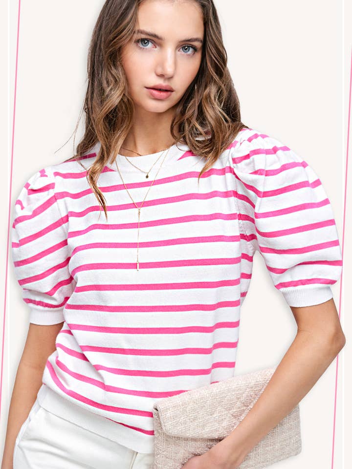 JCS3562-Lightweight Puff Short Sleeve Stripe Knit Top for wholesale by La Miel