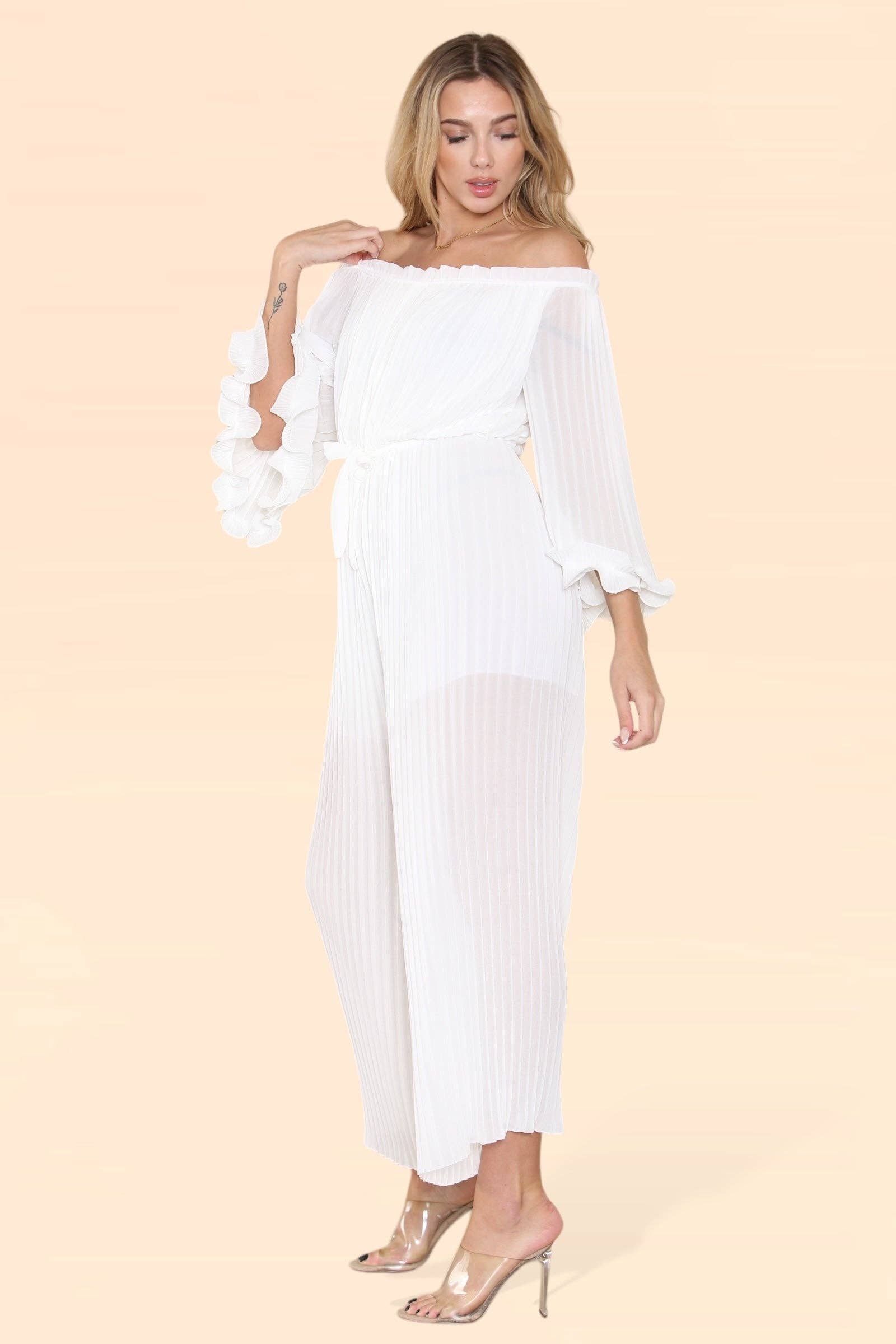 WHITE Sofia Bardot Pleated Frill Jumpsuit for wholesale on Faire18