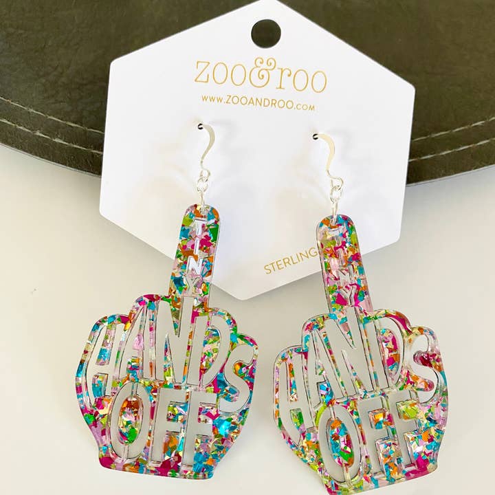 zoo&roo - Wholesale Dangle Earrings - Tiny Hands Off Middle Finger Rainbow Glitter Earrings2