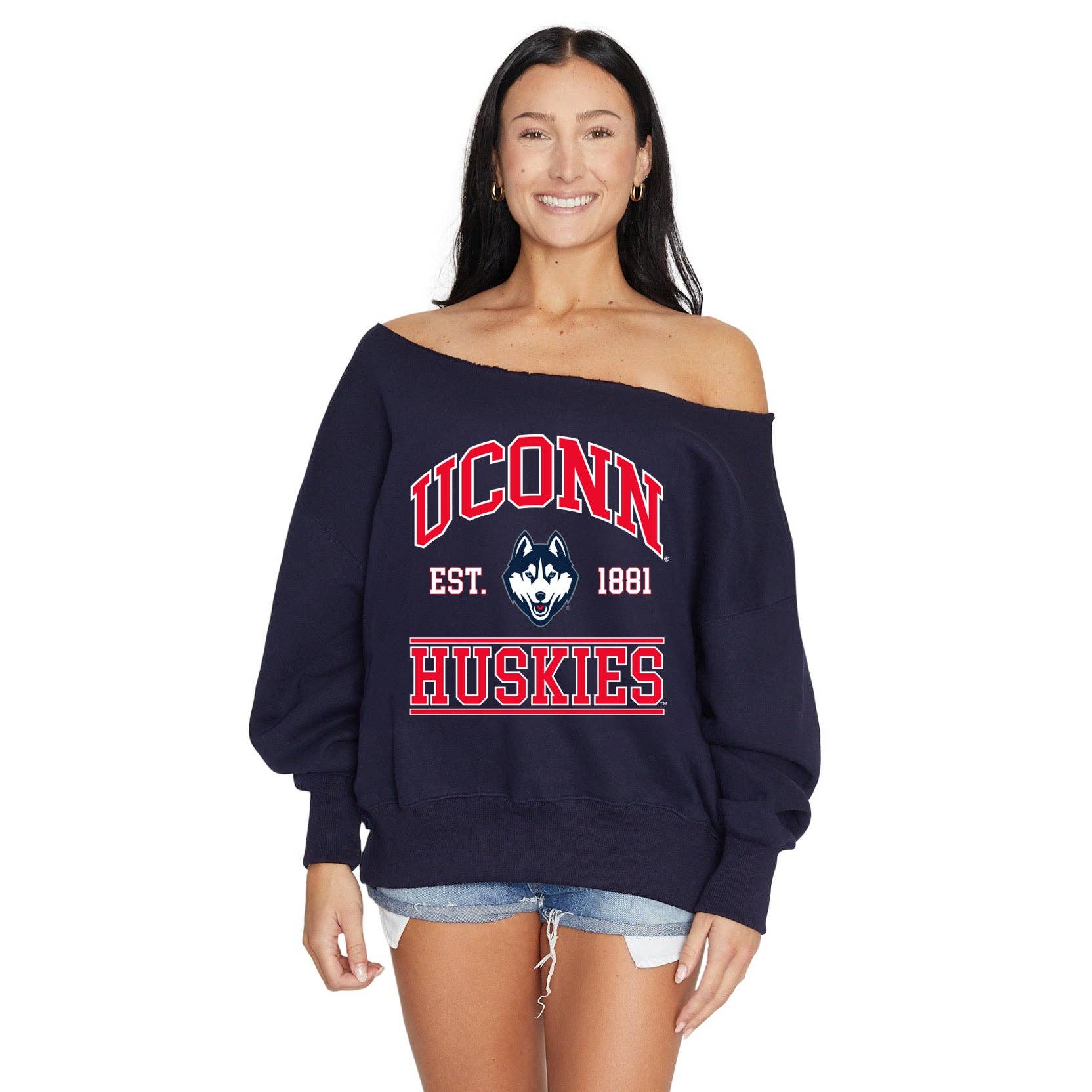 Lojo Collegiate Apparel - Wholesale Graphic Sweatshirt - Women's - UConn Off the Shoulder Sweatshirt0