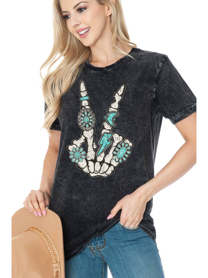 Skeleton Turquoise Peace Graphic - Mineral Wash T for wholesale by BouTeeQue Closet