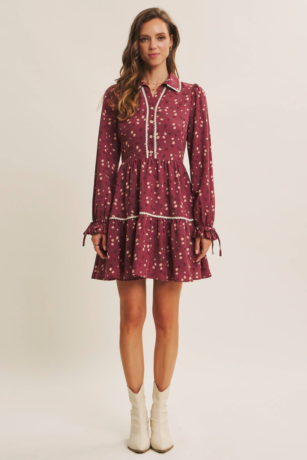 WINE CAPTURES THE MAGIC ELEGANT MINI DRESS WITH SCALLOP LACE for wholesale on Faire6
