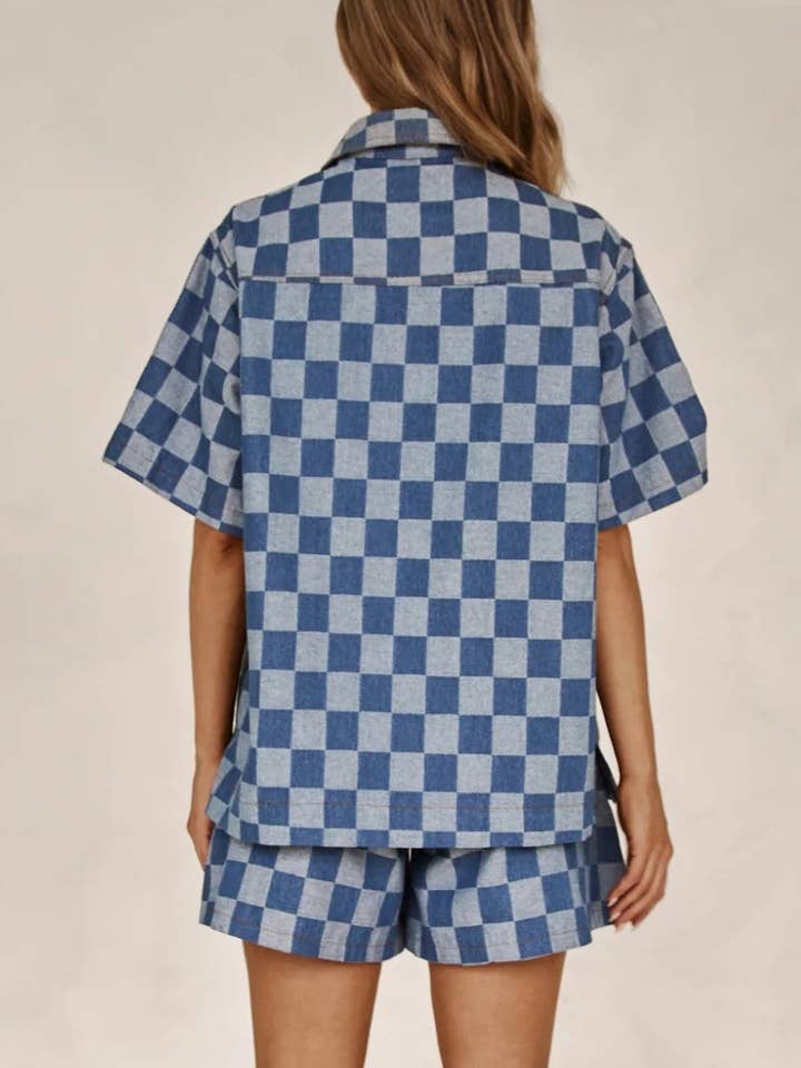 BLUE Checked Shirt and Shorts Co-Ord Set for wholesale on Faire4