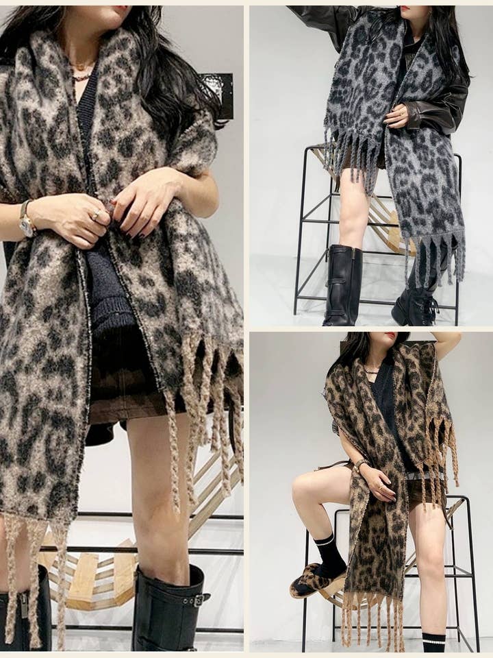 Sciarpa Fuzzy Leopardata Oversize JC021033 con Nappe Intrecciate per la vendita all'ingrosso da parte di JC Sunny Fashion
