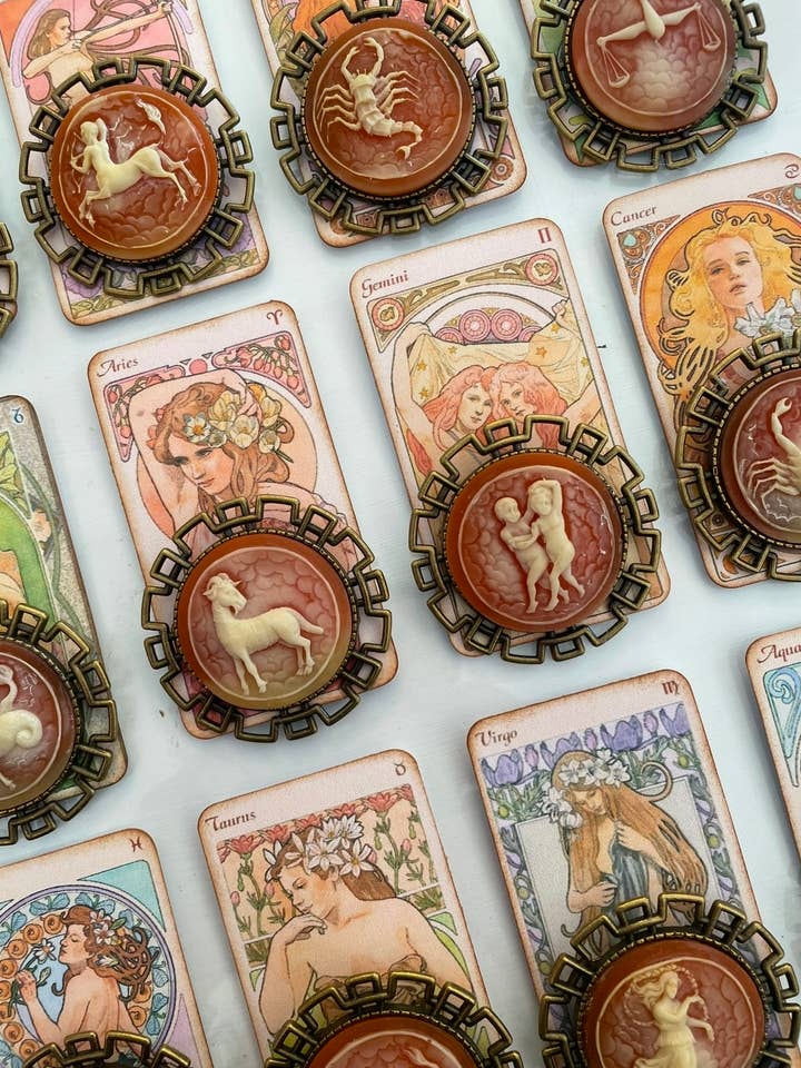 Vintage Zodiac Cameo Pins-Fashion/Gift/Metaphysical/Museum for wholesale by Savannah Hoffman Designs Artisan Jewelry