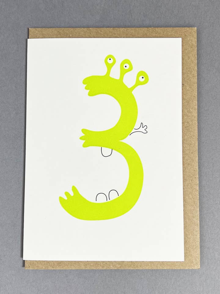 Alien Three Letterpress Card | 3rd Birthday Card for wholesale by Penguin Ink