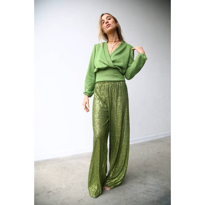 lentejuelas de pistacho W5052 Pantalones acampanados con lentejuelas color pistacho de venta al por mayor en Faire