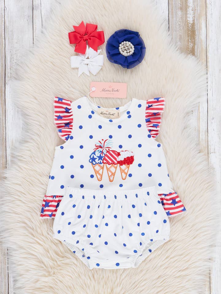 Marie Nicole Clothing - Wholesale Clothing Set - Baby - Stars & Stripes Ice Cream Bloomers Outfit1