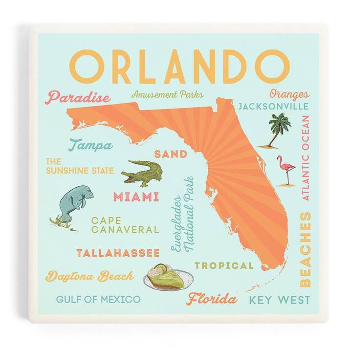 CERAMIC COASTER Orlando, Florida, Typography & Icons for wholesale by Lantern Press