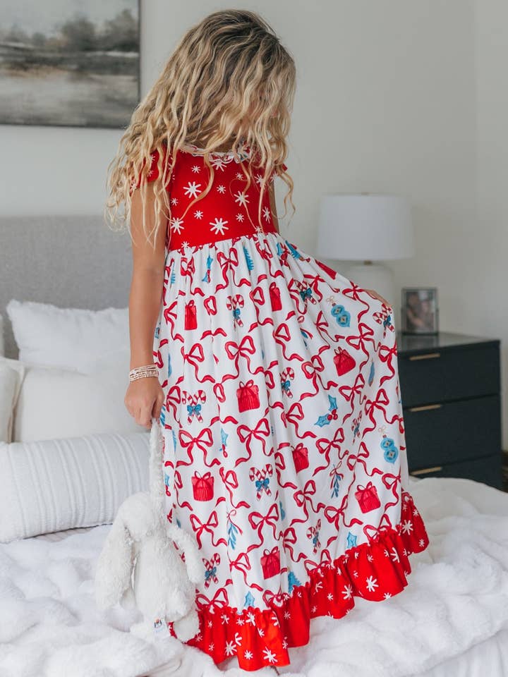 Oopsie Daisy - Wholesale Nightdress - Kids - Kids Red Christmas Bow Holiday Ruffle Lounge Play Gown1