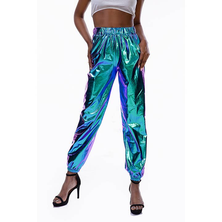 lilyandlaceboutique – wholesale Byxor - Dam – Avslappnade sportiga street hiphop hologram glansiga färgglada byxor