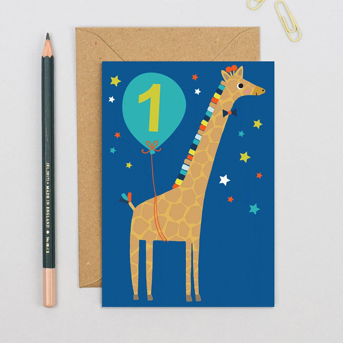 Mifkins - Wholesale Birthday Card - Joyful Giraffe 1st Birthday Card | Blue Animal Theme Fun3