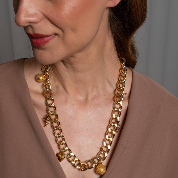 Gold Chain Link Statement Necklace with Charms for Women for wholesale by Laka Luka