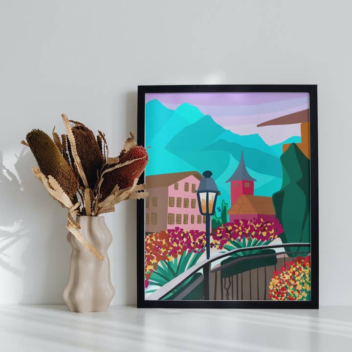 Grindelwald travel art print| Switzerland poster| bright col for wholesale by Xenhome