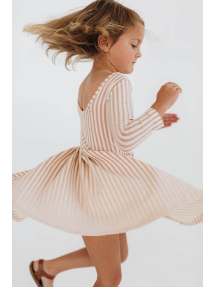 Good Apples Kids - Wholesale Dress - Kids - 3/4 Sleeve Twirl Dress in Vintage Pink Stripes3