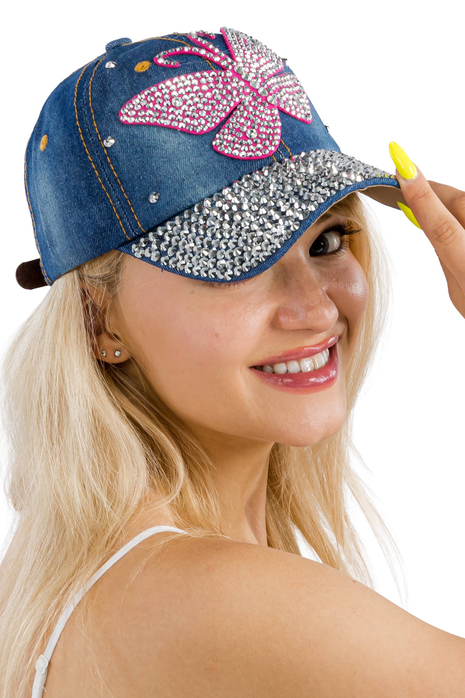 Cap Zone - Wholesale Baseball Cap - Women's - Butterfly Bling Rhinestone Denim Blue Baseball Cap9