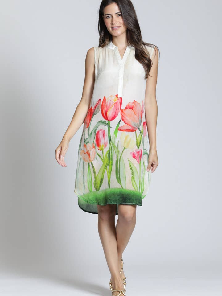 Sleeveless 1/2 Button-up Dress -Green Multi for wholesale by APNY